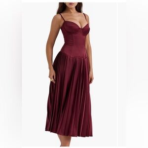 House of CB Maroon Drop Waist Corset Satin Dress